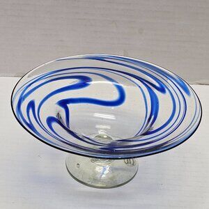Glass Mouth Blown Decor Serve Swirled Marble Cobalt Blue Dish Bowl Folk Art